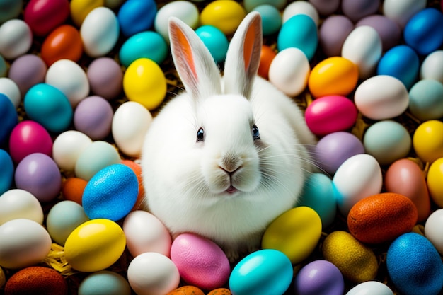 White rabbit sitting in pile of candy eggs with surprised look on its face Generative AI