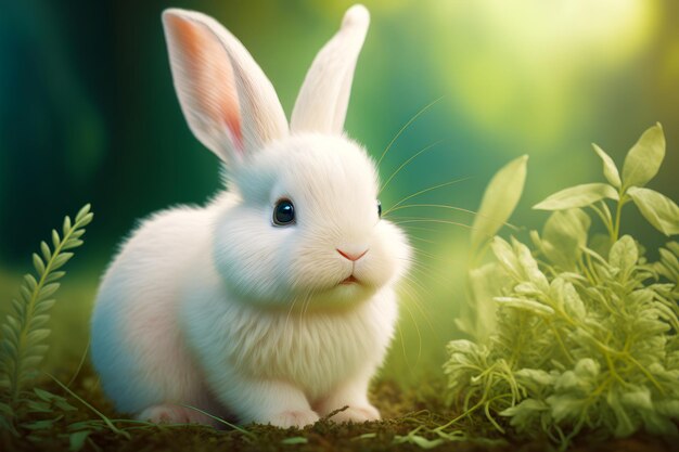 White rabbit sitting on top of field of grass next to plant filled with green leaves Generative AI