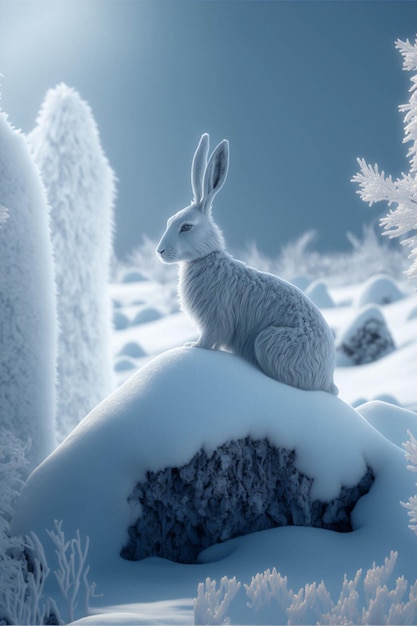 White rabbit sitting on top of a snow covered rock generative ai