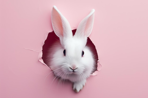 white rabbit through pink wall AI generated