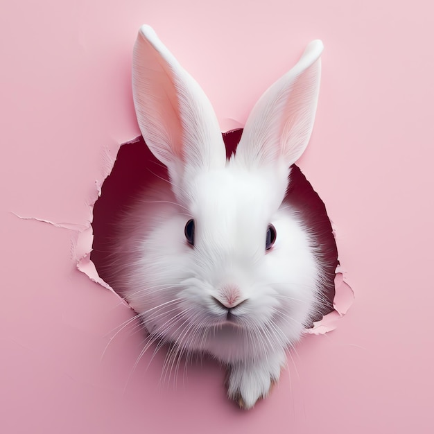 white rabbit through pink wall AI generated