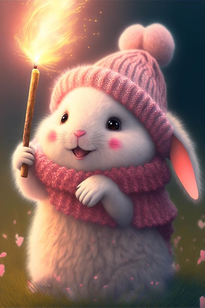 White rabbit wearing a pink hat holding a stick generative ai