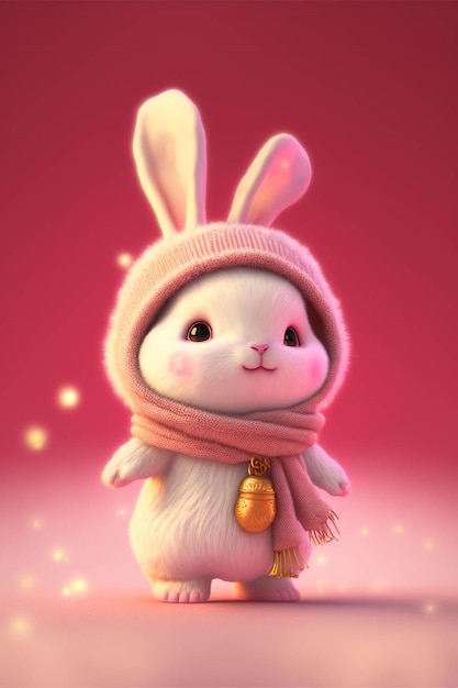 White rabbit wearing a pink hat and scarf generative ai