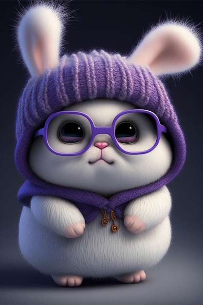 White rabbit wearing a purple hat and glasses generative ai