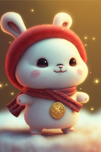 White rabbit wearing a red hat and scarf generative ai