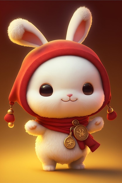 White rabbit wearing a red hat and scarf generative ai