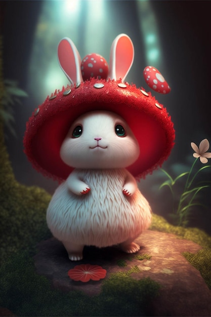 White rabbit wearing a red mushroom hat generative ai