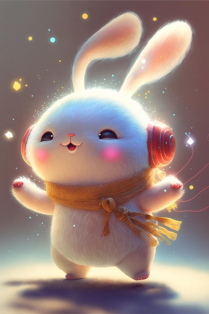 White rabbit wearing a scarf and headphones generative ai