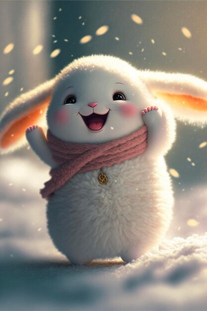 White rabbit wearing a scarf in the snow generative ai