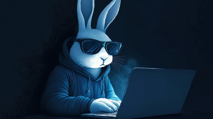 Photo a white rabbit wearing sunglasses and a blue hoodie uses a laptop in a dark room