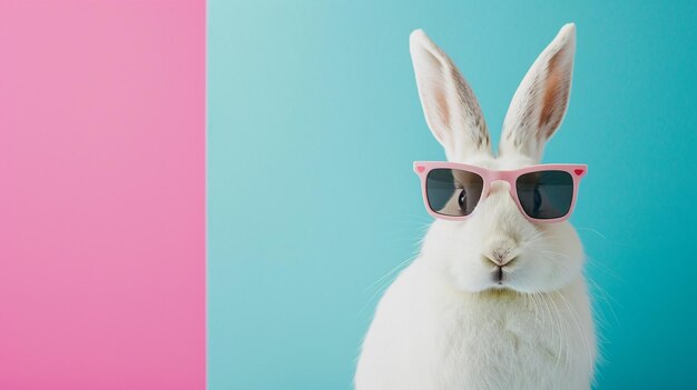 Photo white rabbit wearing trendy sunglasses contemporary colorful background generative ai