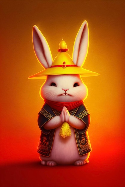 White rabbit wearing a yellow hat and scarf generative ai
