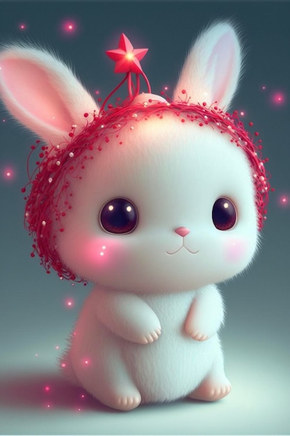 Фото Белый кролик с красной звездой на голове генеративный ай