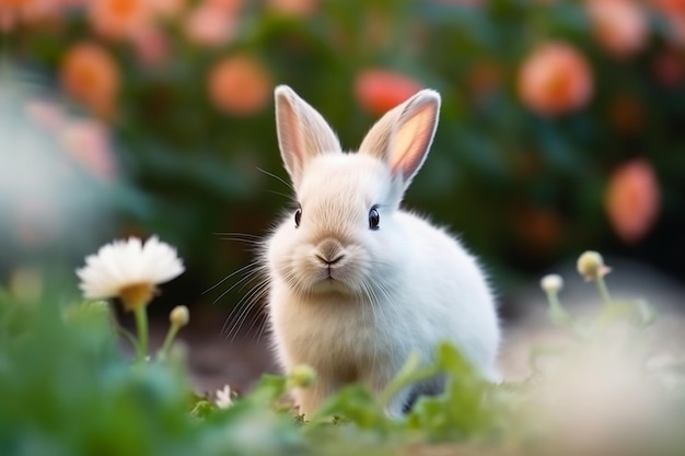 A white rabbit with a black nose sits in a field of flowers.