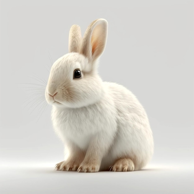 A white rabbit with a black nose sits on a gray background.