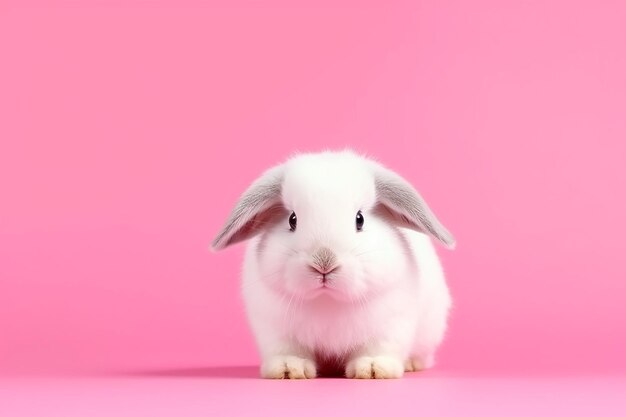 A white rabbit with a black nose sits on a pink background