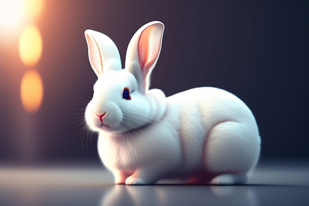 Белый кролик с голубыми глазами сидит на темном фоне.