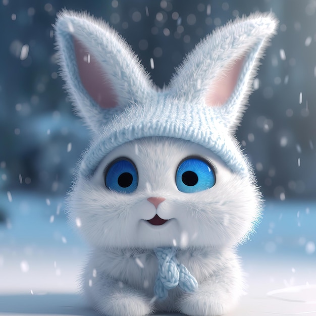 A white rabbit with blue eyes sits in a snowy scene.