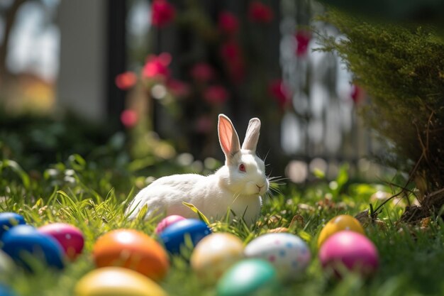 Photo white rabbit with colorful spots in the grass