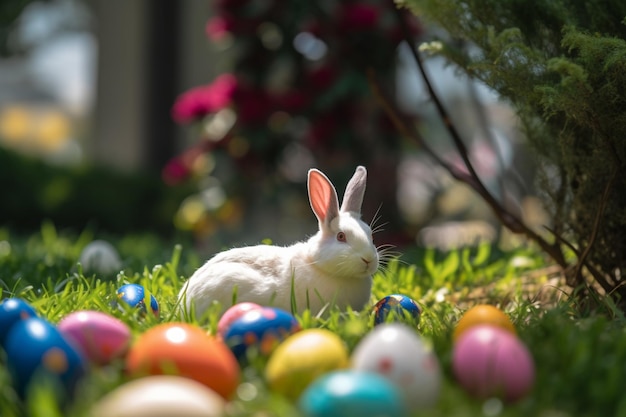 Photo white rabbit with colorful spots in the grass