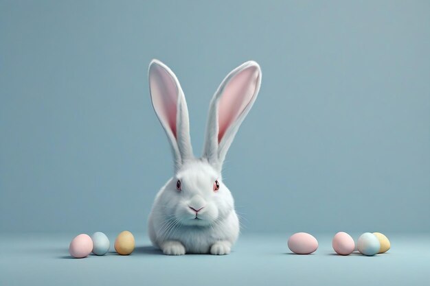 White rabbit with easter eggs on blue background easter concept