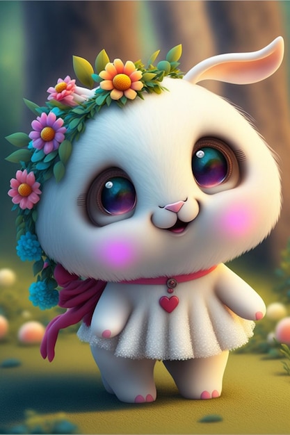 Photo white rabbit with a flower crown on its head generative ai