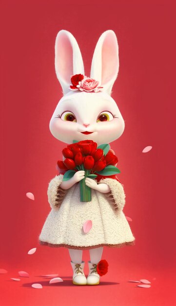 White rabbit with flower in her hand generative ai