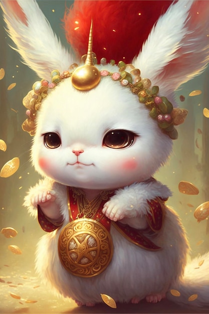 White rabbit with a gold crown on its head generative ai