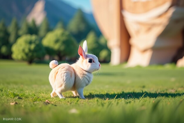 White rabbit with long ears playing on the grass cute pet rabbit animal wallpaper background