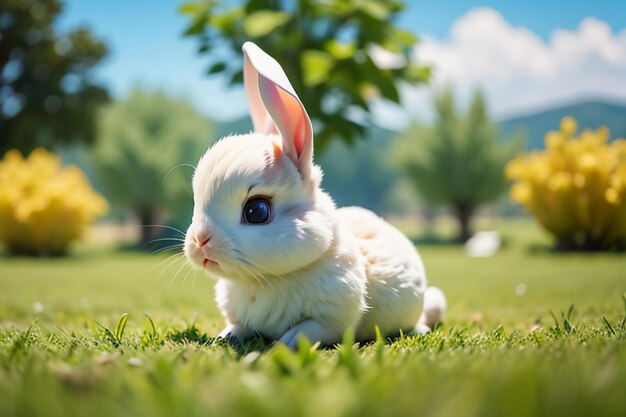 White rabbit with long ears playing on the grass cute pet rabbit animal wallpaper background