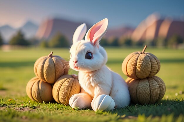 White rabbit with long ears playing on the grass cute pet rabbit animal wallpaper background