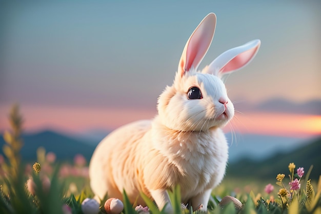 草の上で遊ぶ長い耳の白いウサギかわいいペットのウサギの動物の壁紙の背景