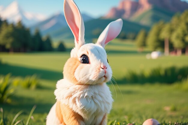 White rabbit with long ears playing on the grass cute pet rabbit animal wallpaper background