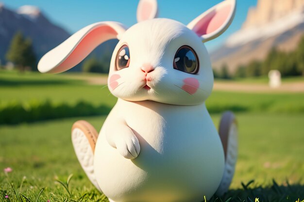 White rabbit with long ears playing on the grass cute pet rabbit animal wallpaper background