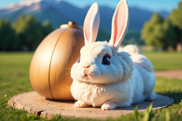Белый кролик с длинными ушами играет на траве милый питомец кролик животное обои фон