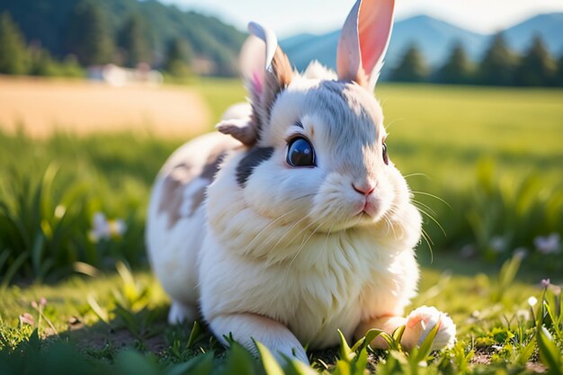 White rabbit with long ears playing on the grass cute pet rabbit animal wallpaper background