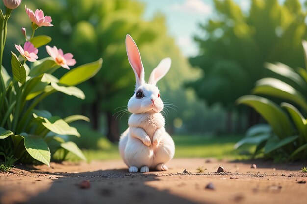 White rabbit with long ears playing on the grass cute pet rabbit animal wallpaper background