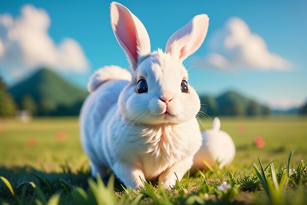 White rabbit with long ears playing on the grass cute pet rabbit animal wallpaper background