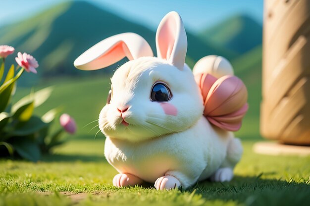 White rabbit with long ears playing on the grass cute pet rabbit animal wallpaper background