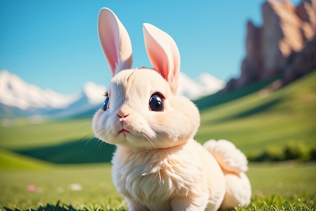 White rabbit with long ears playing on the grass cute pet rabbit animal wallpaper background