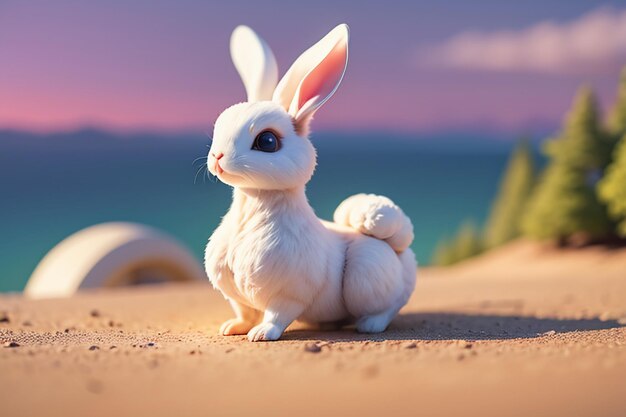 長い耳を持つ白いウサギが草の上で遊んでいる可愛いペットウサギの動物の壁紙の背景