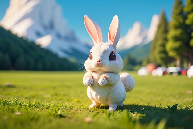 White rabbit with long ears playing on the grass cute pet rabbit animal wallpaper background