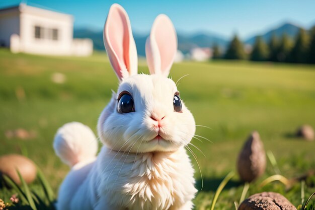 White rabbit with long ears playing on the grass cute pet rabbit animal wallpaper background