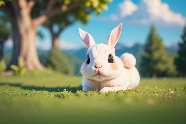 White rabbit with long ears playing on the grass cute pet rabbit animal wallpaper background