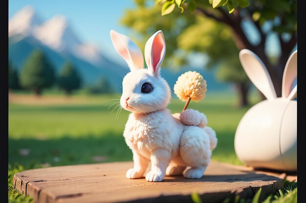 White rabbit with long ears playing on the grass cute pet rabbit animal wallpaper background