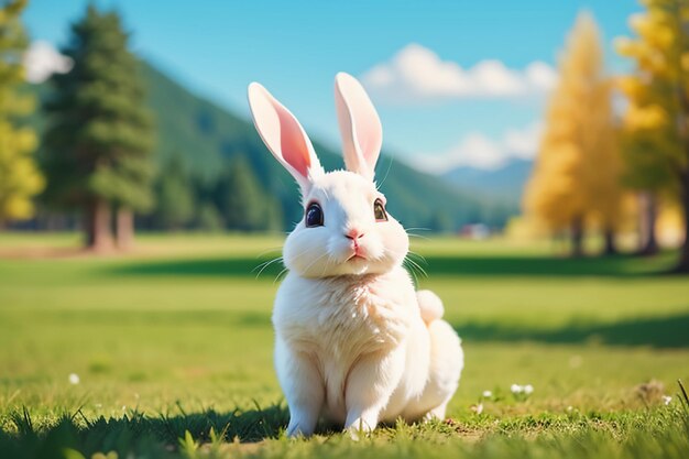 White rabbit with long ears playing on the grass cute pet rabbit animal wallpaper background