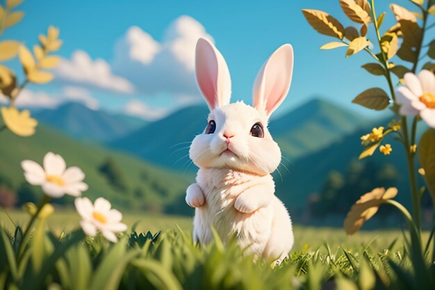 White rabbit with long ears playing on the grass cute pet rabbit animal wallpaper background