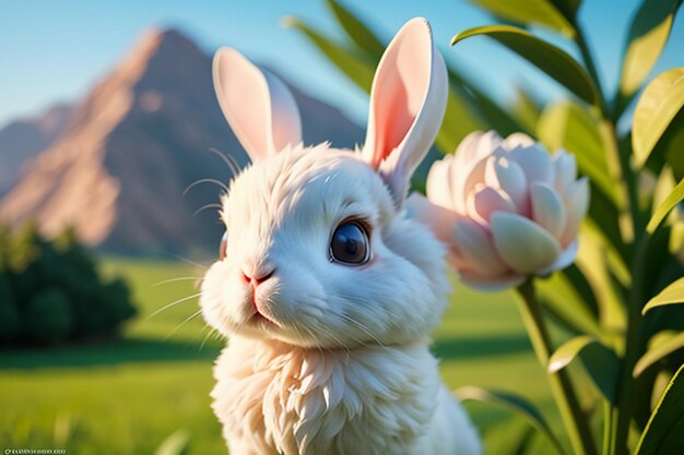 写真 草の上で遊ぶ長い耳の白いウサギかわいいペットのウサギの動物の壁紙の背景
