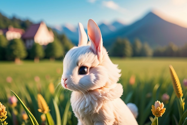 写真 長い耳を持つ白いウサギが草の上で遊んでいる可愛いペットウサギの動物の壁紙の背景