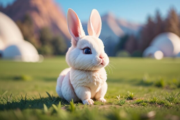 写真 草の上で遊ぶ長い耳の白いウサギかわいいペットのウサギの動物の壁紙の背景